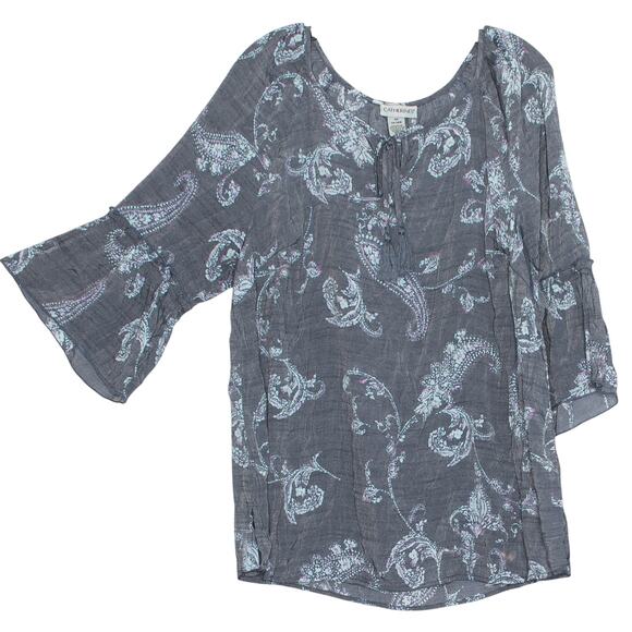 Catherines Top 3/4 Sleeve Paisley Cottage Boho Retro Prairie Gray Blue Size 0X - Picture 1 of 6